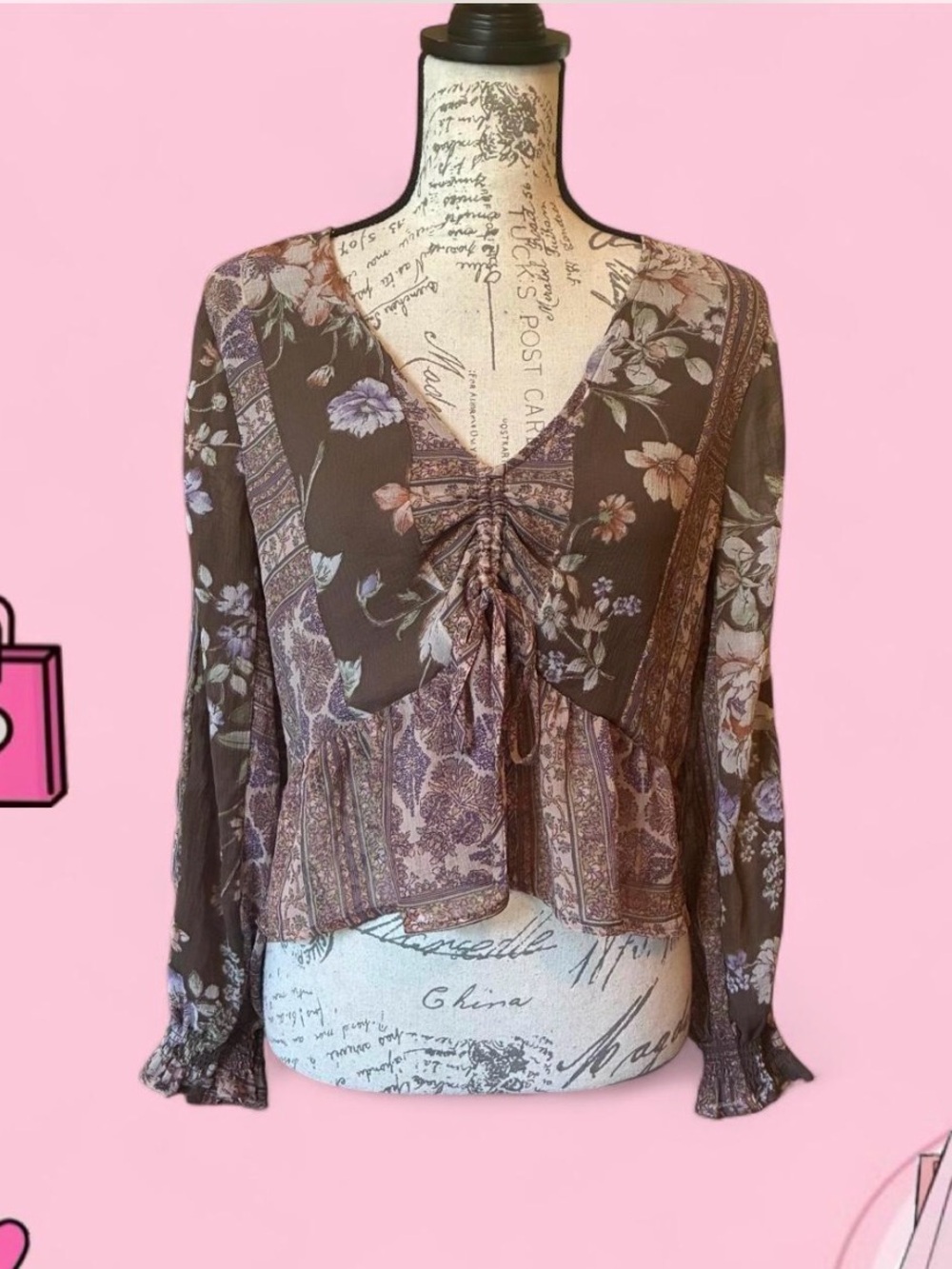 American Eagle Outfitters Brown Floral Tie-Front Peasant Blouse